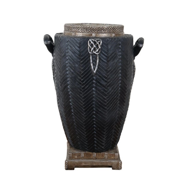 Gothic Late 20th Century Black & Silver Basketweave Handled Footed Flower Urn Centerpiece Vase For Sale - Image 3 of 12