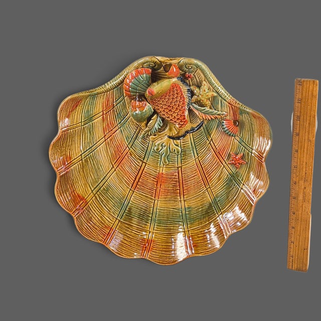 Green Late 20th Century Coastal Ceramic Majolica Seashell Shaped Fish Serving Platter For Sale - Image 8 of 9