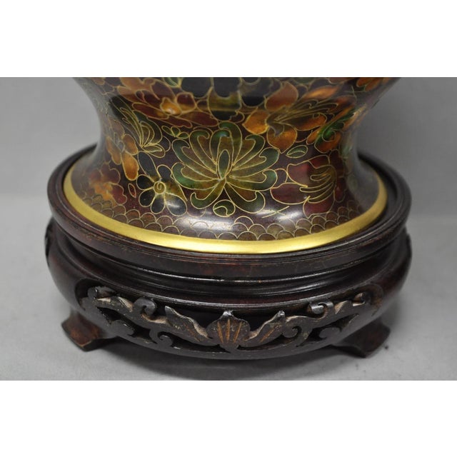 Vintage Cloisonné Chinese Small Enameled Brown Covered Ginger Jar on Stand, Pair For Sale - Image 4 of 18