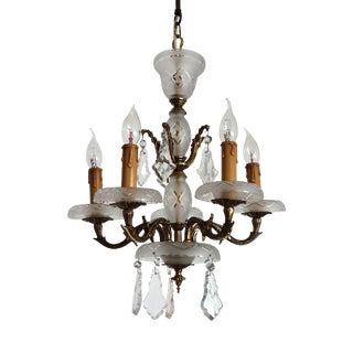 Antique French Brass and Glass Five-Light Chandelier, 1930s For Sale