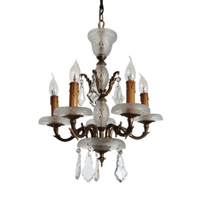 Antique French Brass and Glass Five-Light Chandelier, 1930s For Sale