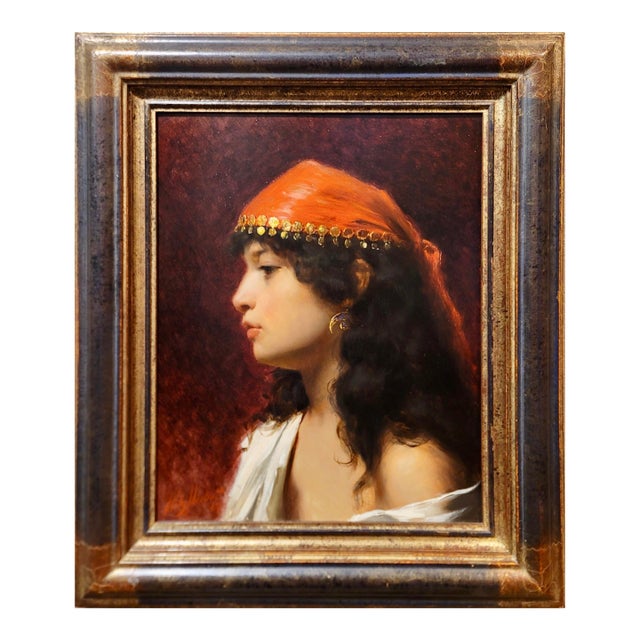 Willy Martens -Portrait of an Ottoman Concubine Wearing a Red Bandana-19th Century Orientalist Oil Painting For Sale
