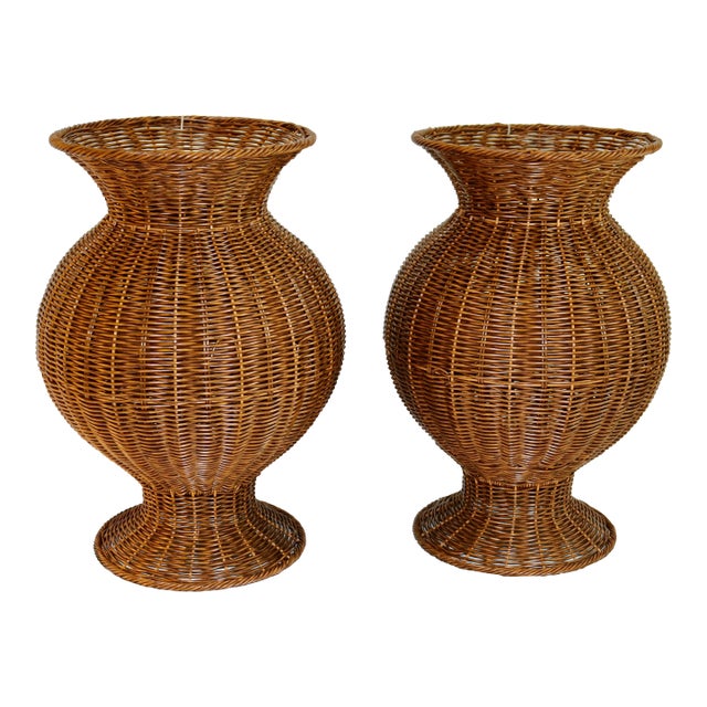 Resin Wicker Woven Urns - A Pair For Sale