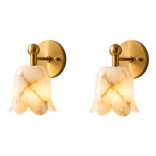 Brass Alabaster Flower Wall Sconces, Brass Ruffle Alabaster Flower Shade, Wall Sconce Marble Wall Light Pair of 2 For Sale