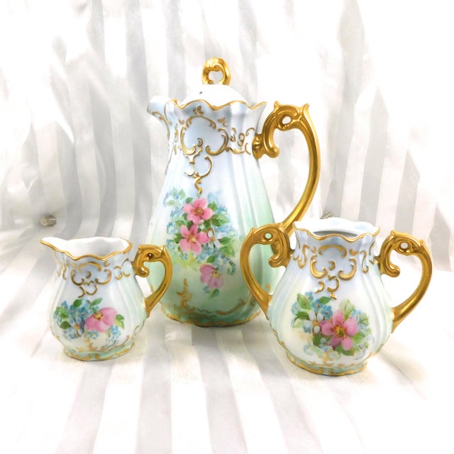 1940s Pale Blue Signed Hand Painted Teapot Sugar Bowl and Creamer Set For Sale - Image 4 of 17