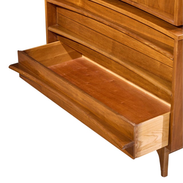 Brown Young Manufacturing Mid Century Walnut Curved Gentlemans Chest Highboy Dresser For Sale - Image 8 of 9