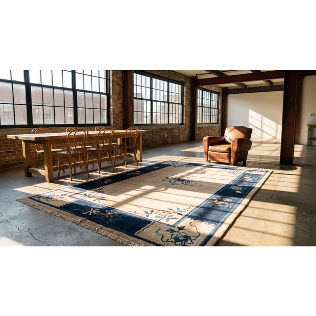 1920s Marvelous Tan Beige and Navy Blue Color With Special Floral Design Antique Chinese Peking Rug For Sale - Image 5 of 7