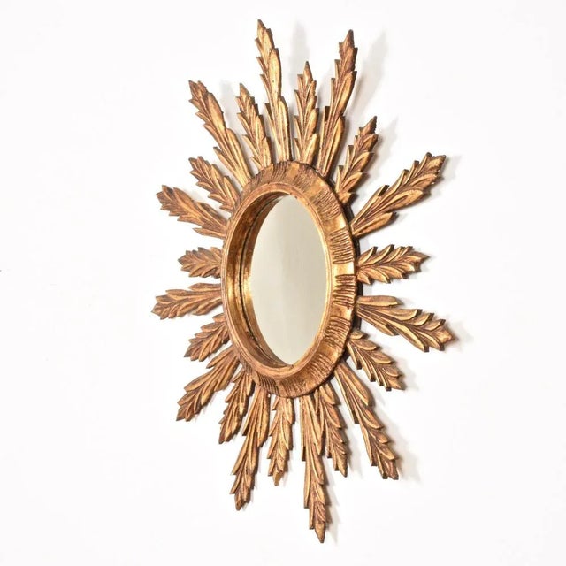 Mid-Century French Modern Gilded Wood Sunburst Wall Mirror, 1950s For Sale - Image 6 of 13
