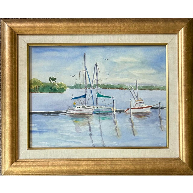 Coastal Original Framed Watercolor of Sailboats in Southern Coastal Harbor For Sale - Image 3 of 5