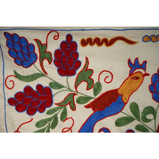 White Uzbek Suzani Embroidery | Colorful Bird & Floral Motif Wall Tapestry Art 1'4'' X 3'1'' For Sale - Image 8 of 10