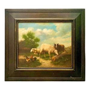 Late 20th Century Painting Chicken and Sheep Oil on Canvas Signed and Framed Large Vintage Fine Art