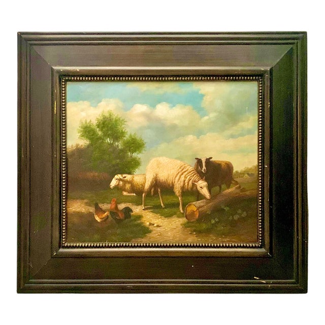Late 20th Century Realist Oil Painting, Chicken and Sheep in Nature, Signed & Framed, 36"w For Sale