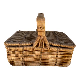 1950s Small Wicker 2 Sided Picnic Basket For Sale