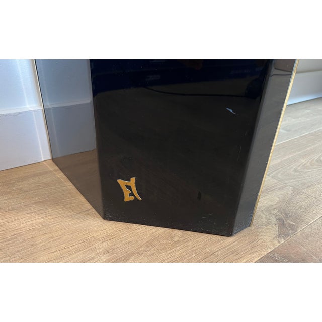 1970s Black and gold lacquered metal console signed by French designer Jean-Claude Mahey For Sale - Image 6 of 12