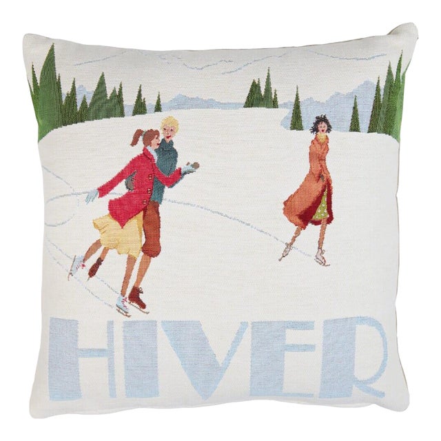 Winter Skating Tapestry Cushion With Feather Filler - 46 X 46cm For Sale