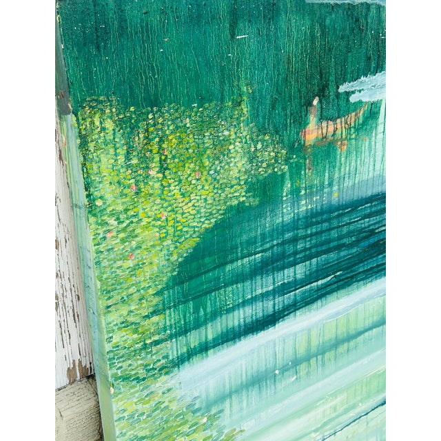 This is a striking large-scale contemporary abstract painting with a tranquil, water-inspired palette. The composition...