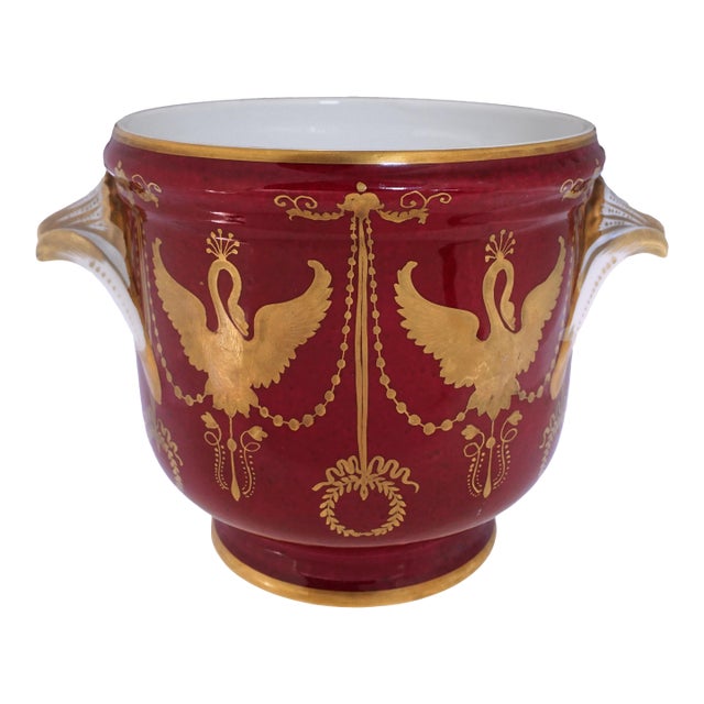 Le Tallec Private Stock Cachepot Burgundy Gold Swan Pattern Porcelain Planter Made in France Neoclassical Style For Sale