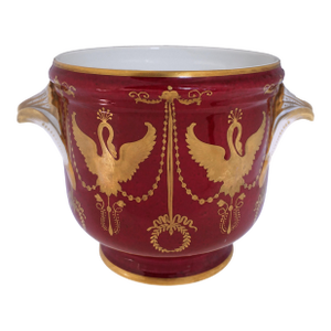 Le Tallec Private Stock Cachepot Burgundy Gold Swan Pattern Porcelain Planter Made in France Neoclassical Style