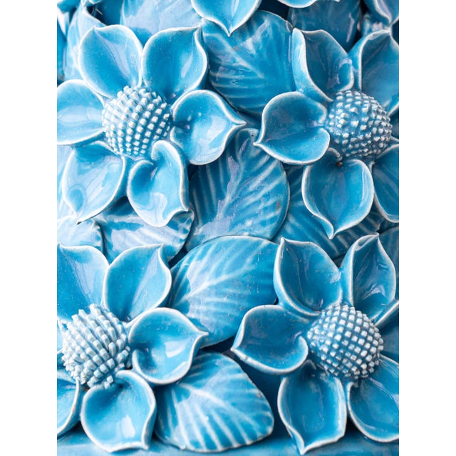 Hand-Carved Turquoise Floral Ceramic Table Lamp with Silk Lampshade from Manises, Spain, 1960s For Sale - Image 13 of 16