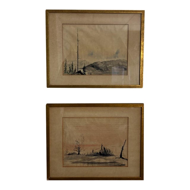 Vintage French Watercolor Serene Landscape, a Pair – Ink and Watercolor on Paper For Sale