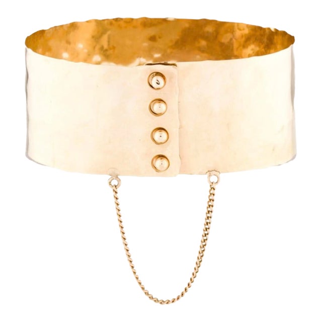 14k Wide Hammered Bangle with Safety Chain For Sale