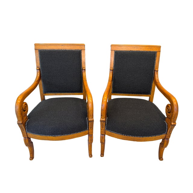 Neoclassical Antique 19th C Biedermeier Armchairs in Walnut & Black Boucle - A Pair For Sale - Image 3 of 11