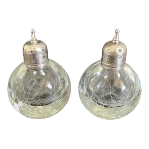 Mid Century Sterling Silver Blown Crackle Glass Salt & Pepper Shakers - a Pair