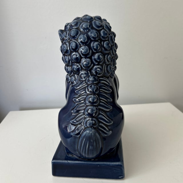 Chinese Pair of Vintage Cobalt Blue Ceramic Chinese Foo Dogs For Sale - Image 3 of 5