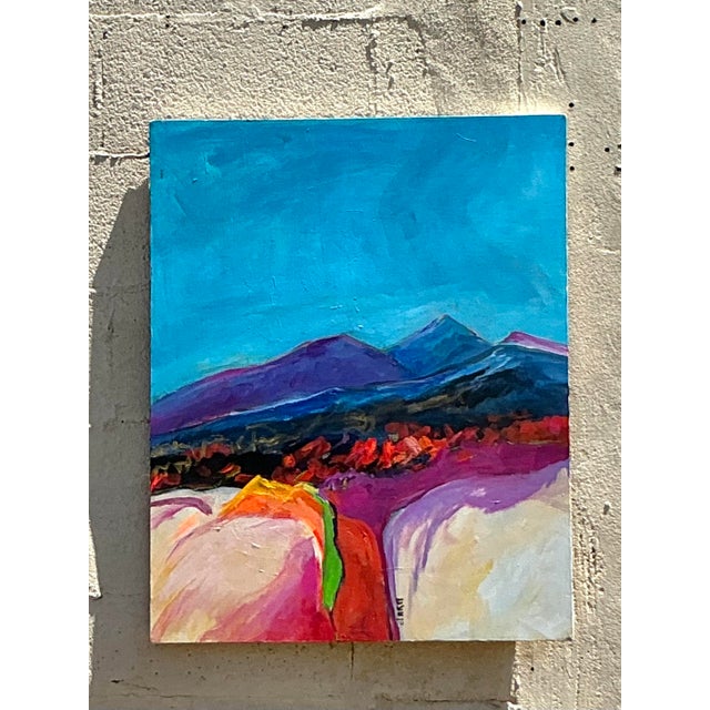 Contemporary Vintage Boho Original Abstract Landscape Painting on Canvas For Sale - Image 3 of 10