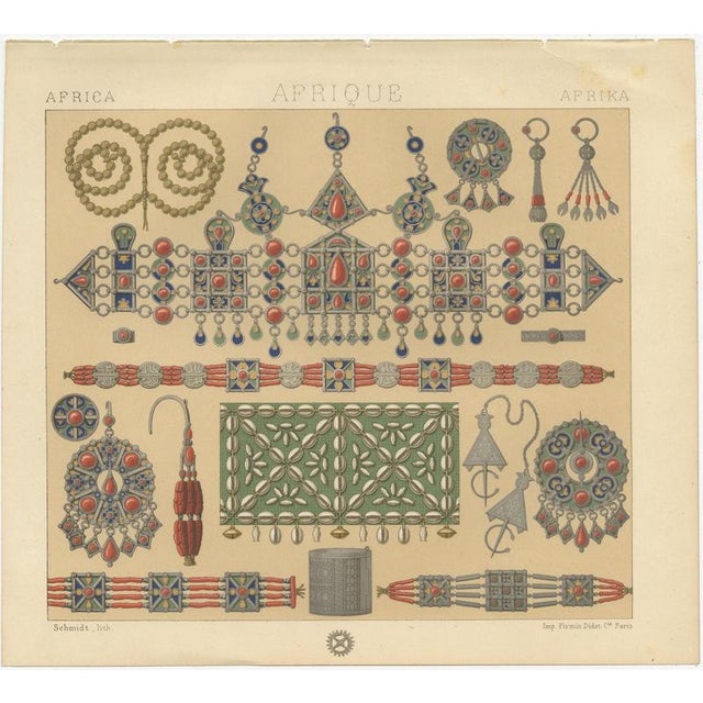 Kabyle Jewelry from Algeria, Racinet Afrique Chromolithograph, 1888 A striking chromolithograph from 1888, taken from...