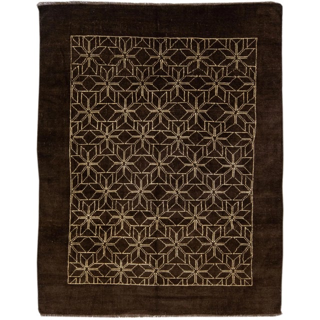 Brown Modern Moroccan Style Handmade Geometric Dark Brown Wool Rug For Sale - Image 8 of 8