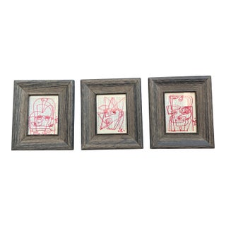 Contemporary 3 Original Wayne Cunningham Abstract Red Marker Drawings Framed-Set of 3 For Sale
