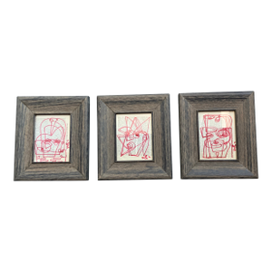 Contemporary 3 Original Wayne Cunningham Abstract Red Marker Drawings Framed-Set of 3