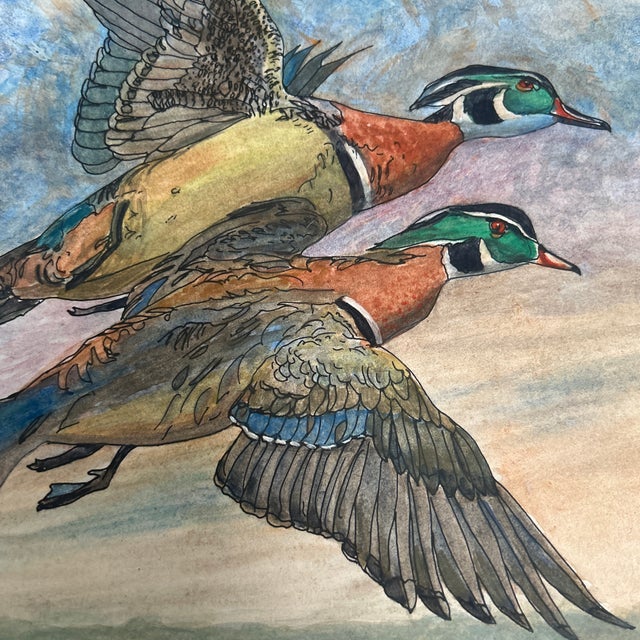1990’s Impressionist “Two Male Wood Ducks in Flight Over Marsh” Watercolor Painting For Sale - Image 4 of 5