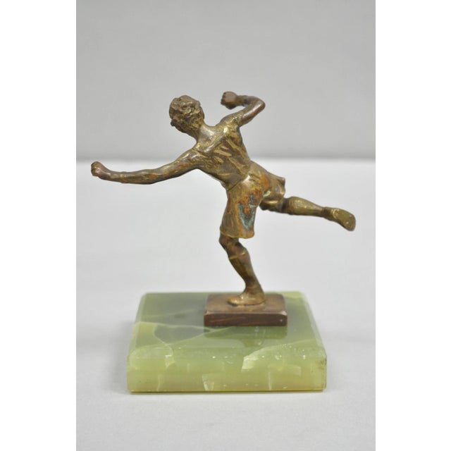 Metal Early 20th Century Antique Art Deco Small 6" Bronze Onyx Base Soccer Futbol Player Sculpture Figure For Sale - Image 7 of 11