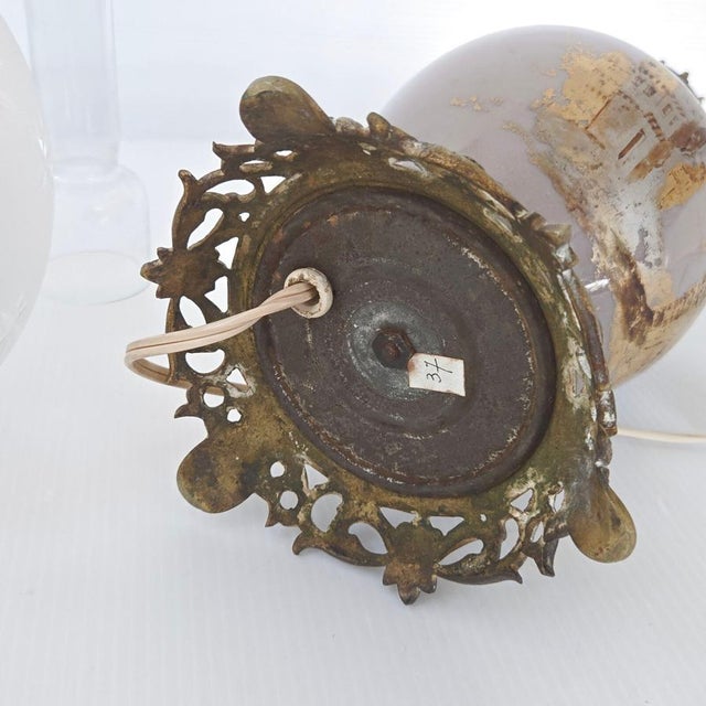 Mauve Antique Electrified Ceramic, Bronze and Glass Kerosene Lamp, Late 19th Century For Sale - Image 8 of 12