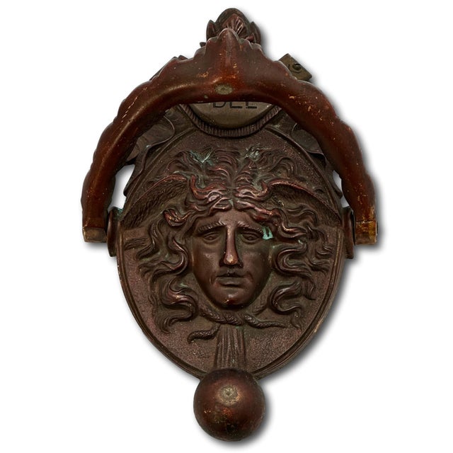 Metal Large Size - Outstanding Authentic Antique Victorian Solid Bronze Medusa - Gorgon Door Knocker Circa Late 19th Century For Sale - Image 7 of 17