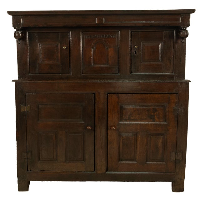 Antique Early 18th Century Welsh English Deuddarn Carved Oak Court Cupboard 1737 For Sale - Image 4 of 16