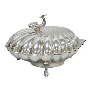 Vintage Eaton Silver Co Regency Silver Plated Clam Shell Warmer W Dolphin Handle For Sale