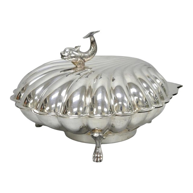 Vintage Eaton Silver Co Regency Silver Plated Clam Shell Warmer W Dolphin Handle For Sale