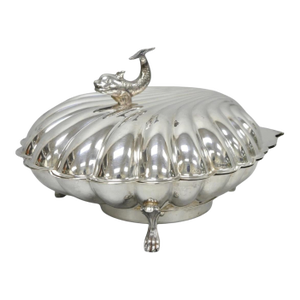 Vintage Eaton Silver Co Regency Silver Plated Clam Shell Warmer W Dolphin Handle