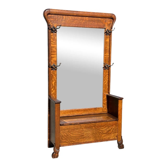 Victorian Tiger Oak Hall Tree With Beveled Mirror & Lift Top Seat on Carved Legs For Sale