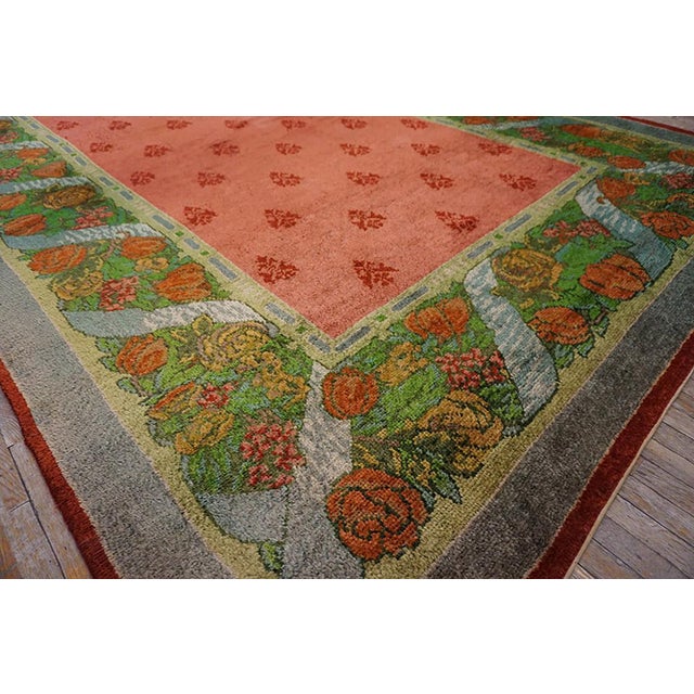 Textile 1900s Pink Rose Floral Arts & Crafts Antique Irish Donegal Rug 9' X 17'7" Handknotted Wool Carpet For Sale - Image 7 of 11