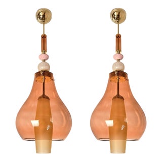 1990s Pink and Amber Murano Glass Pendant Lights - Pair For Sale
