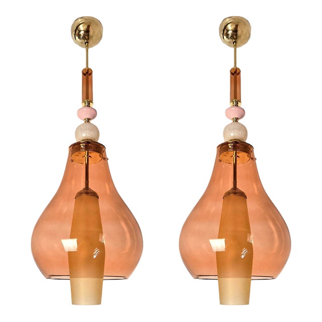 1990s Pink and Amber Murano Glass Pendant Lights - Pair For Sale