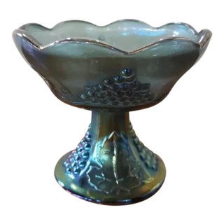 Vintage Indiana Carnival Glass Blue Iridescent Candle Holder, Grapes Pattern For Sale