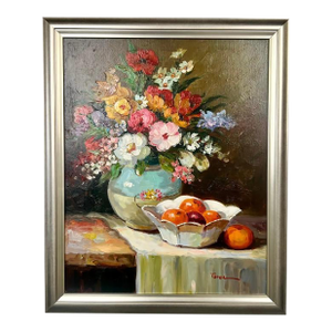 Floral Still Life, Flowers, Vase & Fruit Oil Painting in Silver Frame Signed 1990's