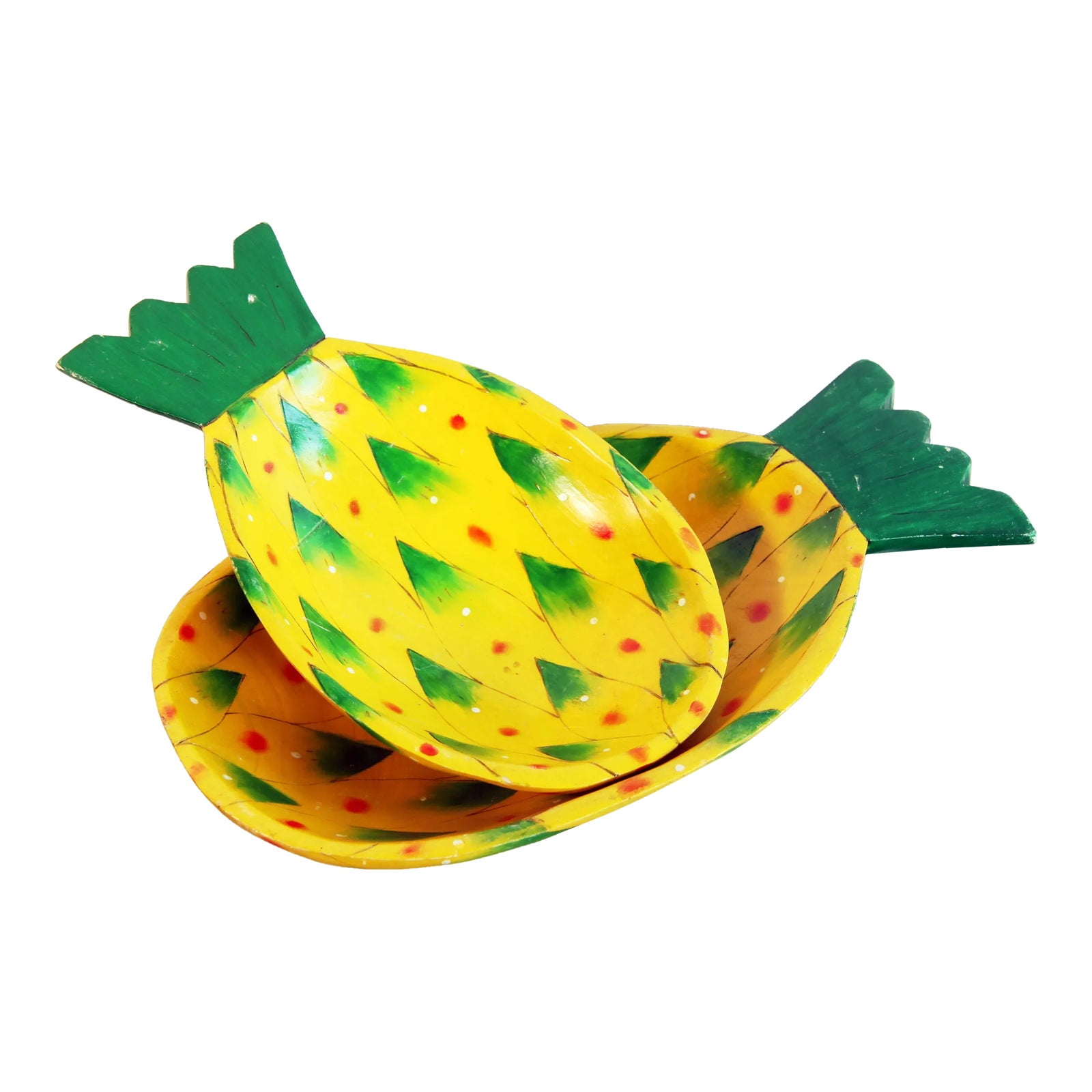 Pair of Vintage Mexican Carved Wood Painted Pineapple Serving Bowls