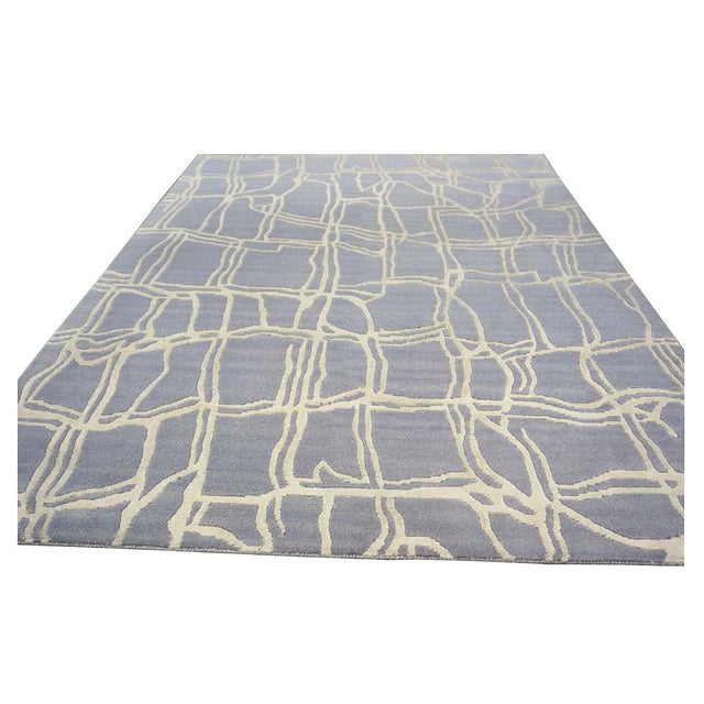 Modern Nepalese Modern Abstract Wool & Silk 4x6 Slate Blue & Ivory Handmade Area Rug #9902908 For Sale - Image 3 of 11