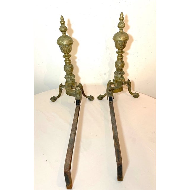 Pair Antique Ornate Victorian Solid Bronze Cast Iron Claw Fireplace Andirons Set For Sale - Image 9 of 11